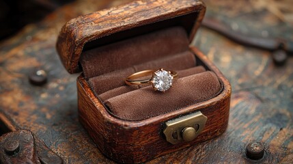 Elegant vintage ring displayed in an antique box on a rustic wooden surface, creating a romantic atmosphere
