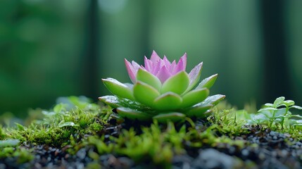 Pink succulent blooming in mossy forest; nature background; serenity