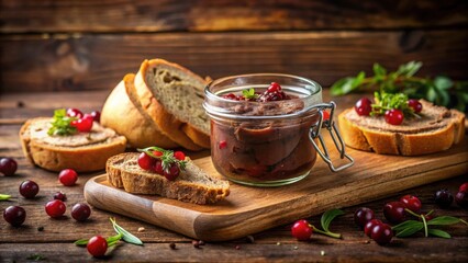 A delectable spread of dark-colored p?t? served on rustic bread slices, adorned with vibrant cranberries and fresh herbs, presented on a wooden board