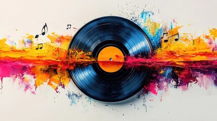 Vibrant Abstract Art Featuring a Vinyl Record Surrounded by Colorful Paint Splashes and Music Notes