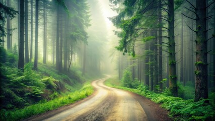 Obraz premium Serene Winding Road Through a Misty Evergreen Forest, a Path of Tranquility and Natural Beauty