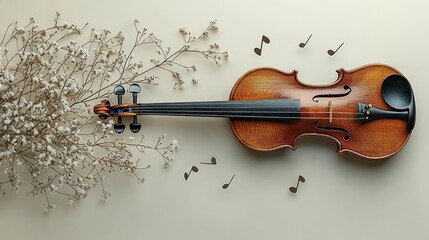 Elegant violin surrounded by delicate flowers and musical notes, creating a serene atmosphere