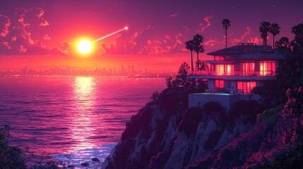 Oceanfront Mansion Sunset Dramatic Sky Meteor