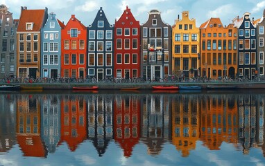 Naklejka premium Vibrant Amsterdam canal scene, bicycles and colorful houses lining the waterway, serene reflections, typical Dutch architecture, sunny skies, peaceful urban setting
