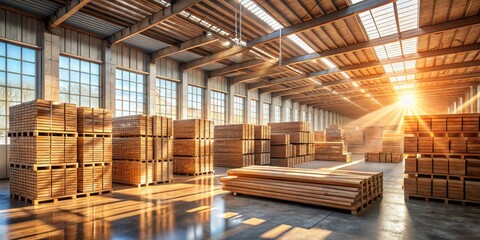 Sunlit Warehouse Filled with Stacked Lumber Pallets Ready for Distribution
