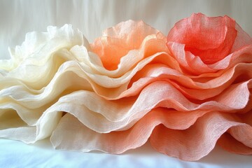 Soft, flowing fabric waves in gradient hues of white, peach, and coral, creating a delicate backdrop
