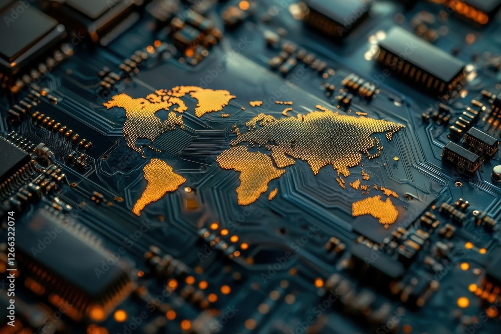 Poster close-up of a circuit board with a world map. illustrates global connectivity and technology.