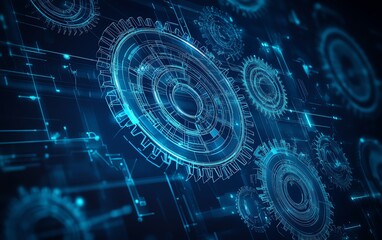 Obraz premium Wireframe gear illustration on dark blue background, mechanical engineering symbol, machine work, business plan, project development, engine design concept