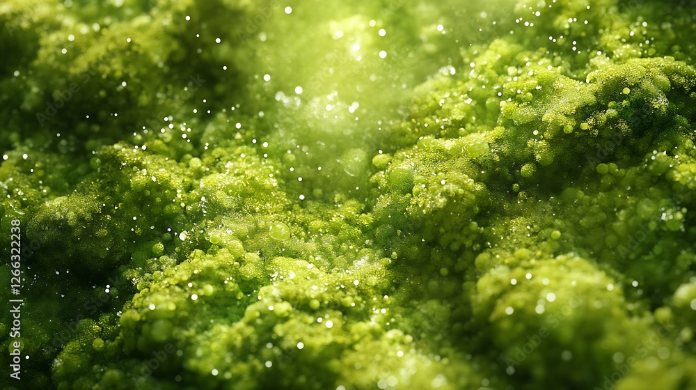 Aufkleber abstract macro view of lush green moss covered in tiny water droplets glowing with sunlight : genera