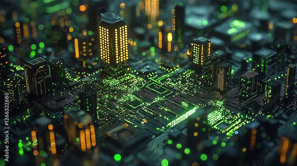 Fototapete aerial view of vibrant city-like circuit board with illuminated elements representing digital advanc