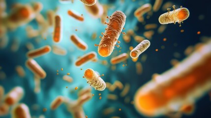 close up of bacteria flowing in  blue background
