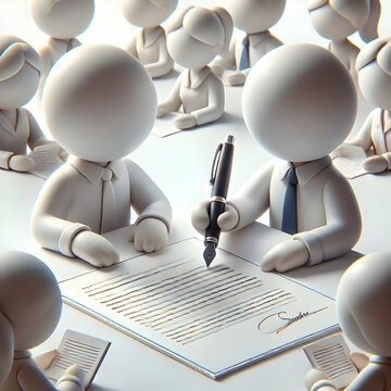 3D Macro of Teammates Signing a Contract concept as A macro shot of two employees signing a contract together. The camera zooms in on the pen and document symbolizing trust teamwork and business partn