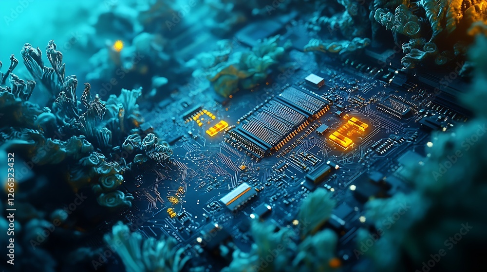 Poster underwater themed artistic representation of a circuit board with glowing elements showcasing electr