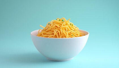 Orange noodle Mie on ceramic white bowl for lunch in blue background