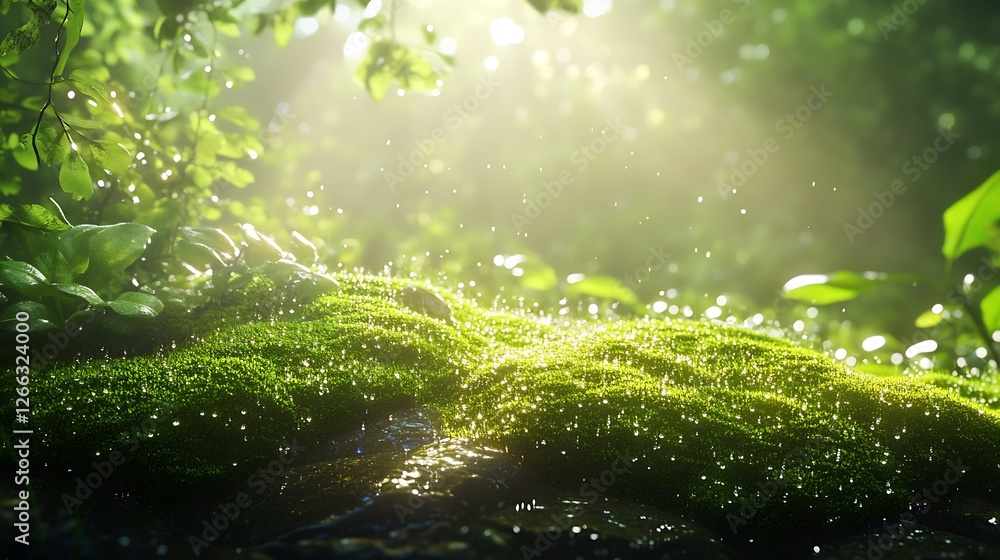 Aufkleber Lush Green Moss with Glowing Dewdrops in a Serene Forest Setting : Generative AI