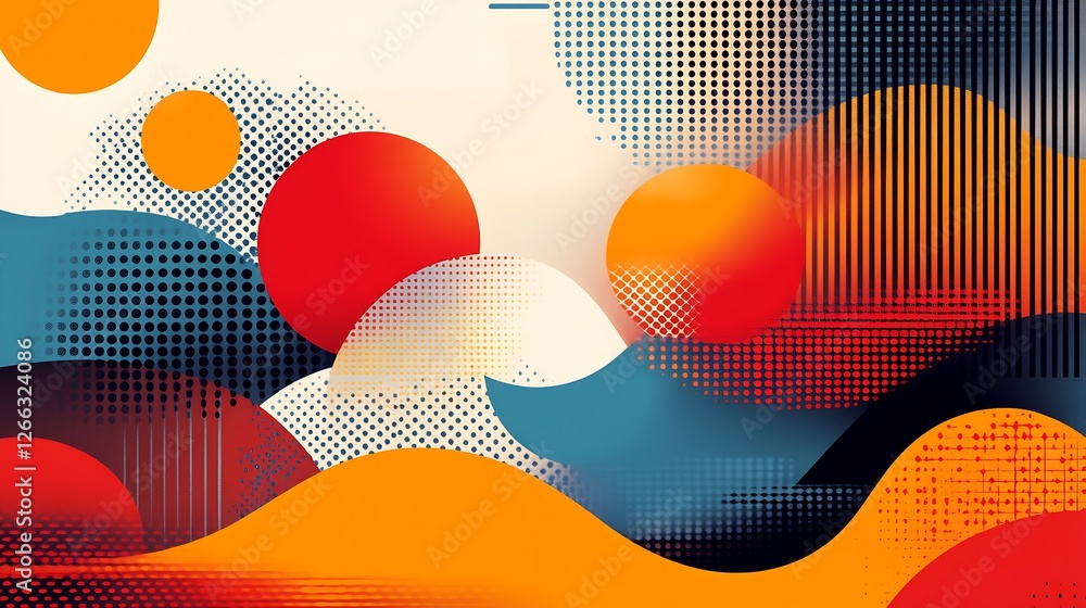 Poster vibrant abstract art composition with bold circles and waves in contrasting colors for artistic insp