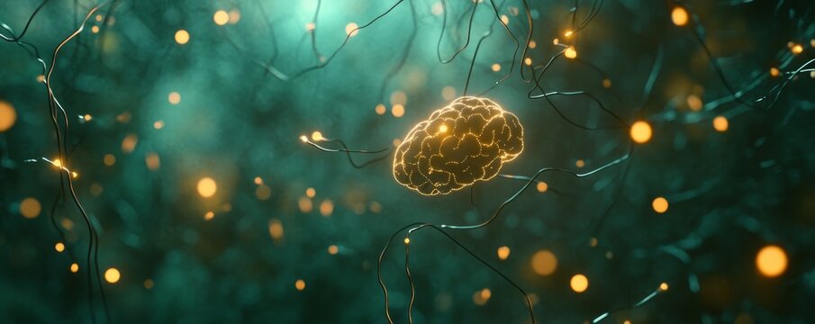 Abstract background with glowing lights and brain cells, featuring an array of wires connecting to each other in dark green tones.