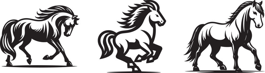 Three stylized black horses.