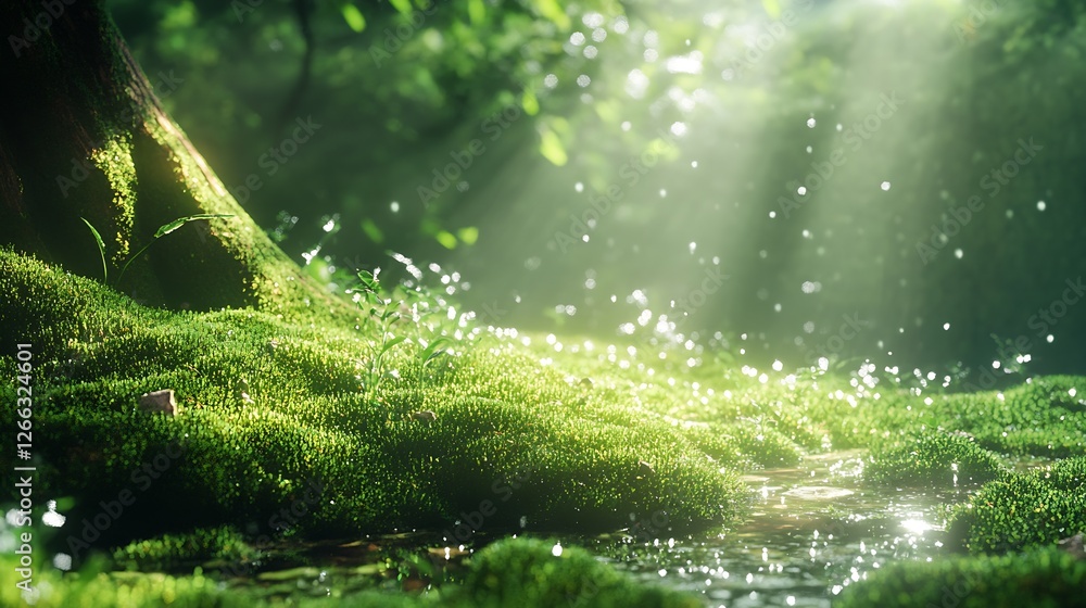 Aufkleber scenic moss-covered area with sparkling droplets and sunlight filtering through trees for a dreamy f