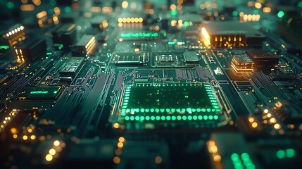 Obraz premium Detailed look at a high-tech circuit board showcasing intricate designs and glowing lights in various hues : Generative AI