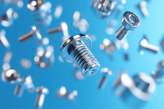 Chrome screws and bolts fall on blue. Ideal for industrial, engineering, or tech themes, represents precision and construction.
