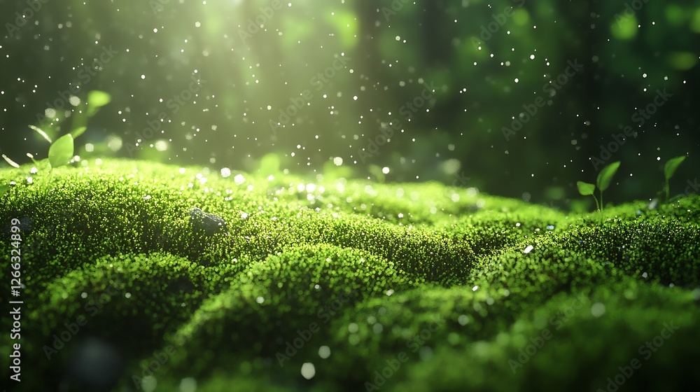 Poster Vibrant Moss Terrain Sparkling with Dew Under Ethereal Sunlight Creating Dreamy Vibes : Generative AI