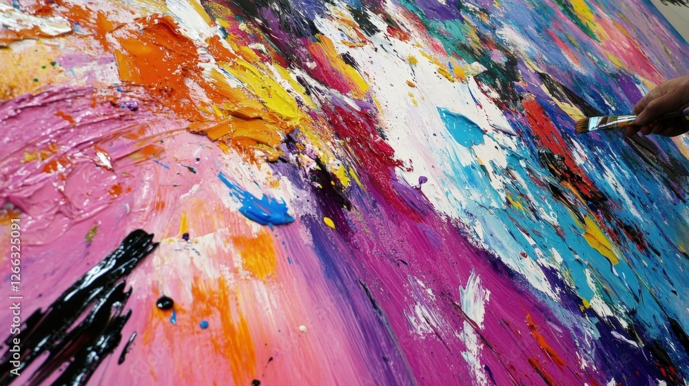 Poster a closeup of a painter meticulously applying vibrant colors to a large canvas backdrop with splashes
