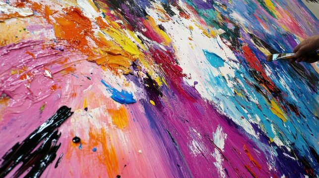 A closeup of a painter meticulously applying vibrant colors to a large canvas backdrop with splashes of paint and brushes tered around highlighting the attention to detail and creativity