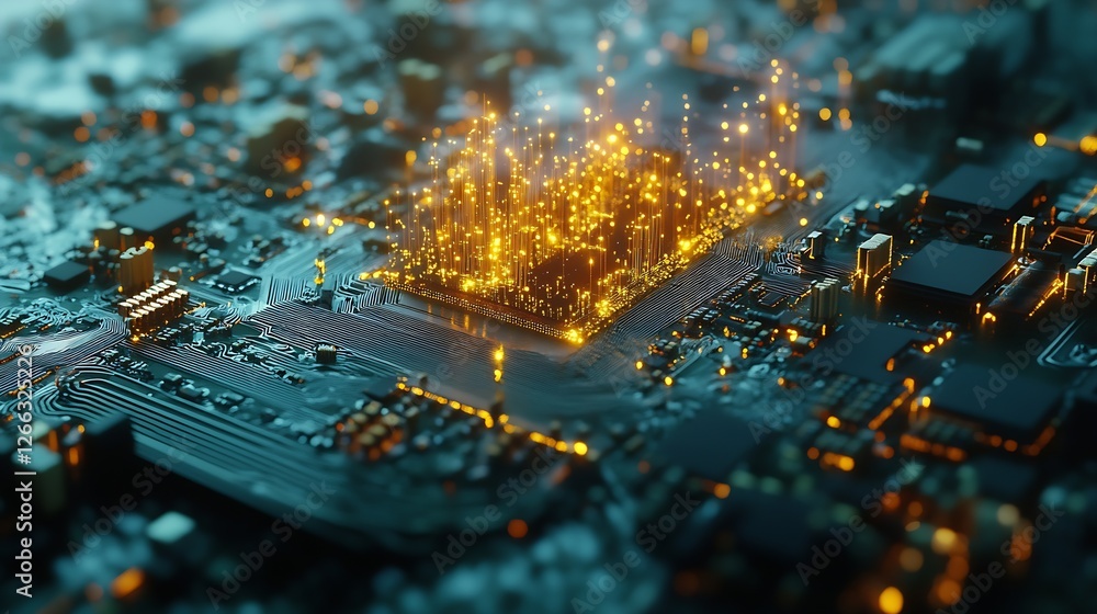 Aufkleber High-tech circuit board illuminated with numerous sparkling lights enhancing its intricate layout : Generative AI
