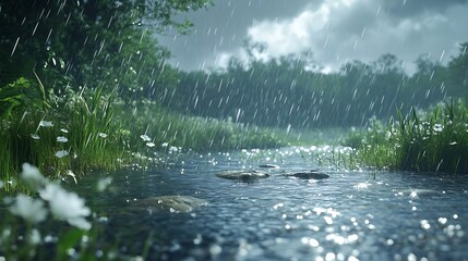 Fototapeta premium Peaceful view of a rain-soaked stream surrounded by lush greenery and delicate wildflowers : Generative AI