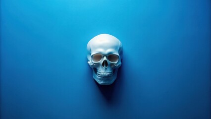 A solitary white skull rests against a vibrant blue backdrop, a stark contrast symbolizing mortality and the mystery of existence.
