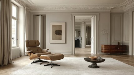 Elegant living room with modern furniture, soft lighting, and classic architectural details