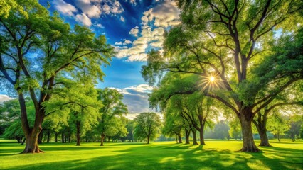 Obraz premium Sunlit Meadow with Lush Greenery and Majestic Trees Under a Vibrant Sky