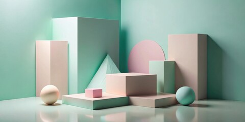 Pastel Geometric Shapes Abstract Composition Featuring Cubes, Spheres, and a Pyramid on a Smooth Surface