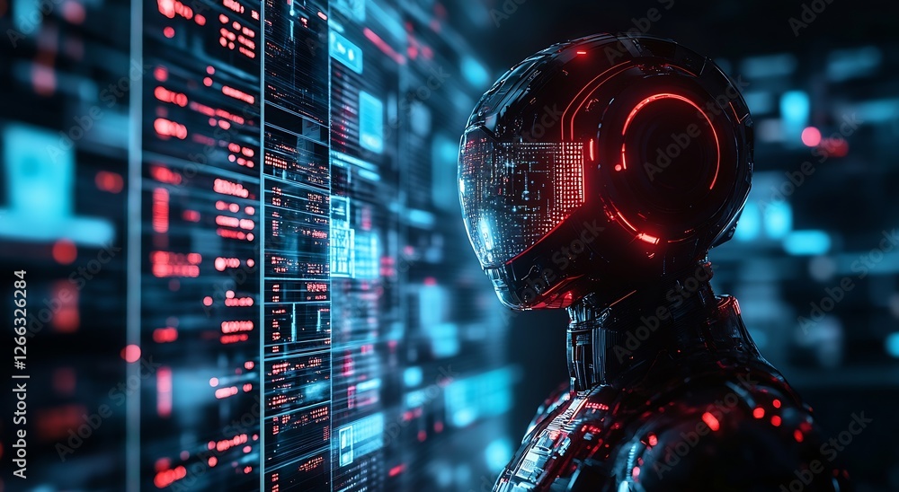 Poster Sleek Cybernetic Android with LED Lights and Data Streams in High-Tech Environment : Generative AI