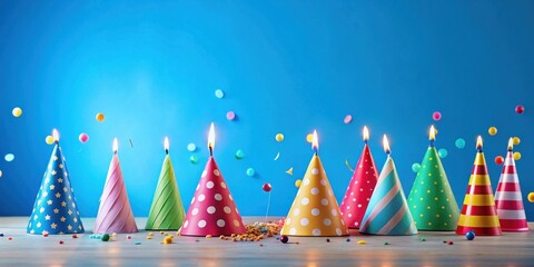 Obraz premium A festive arrangement of colorful party hats adorned with lit candles, scattered amidst a flurry of confetti, creating a vibrant and joyful birthday scene.