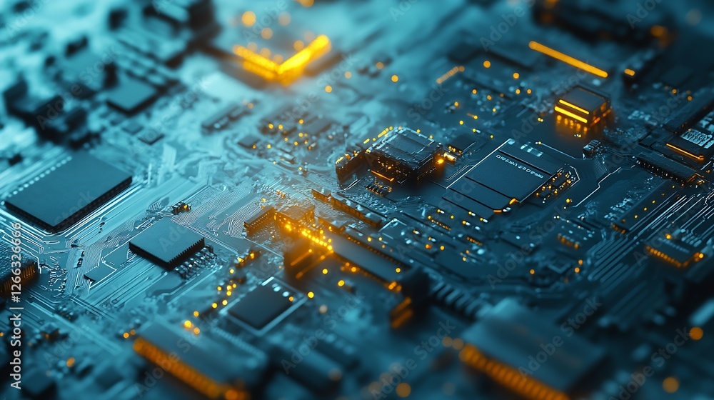 Aufkleber Close up view of a complex electronic circuit board showing illuminated components and intricate details : Generative AI