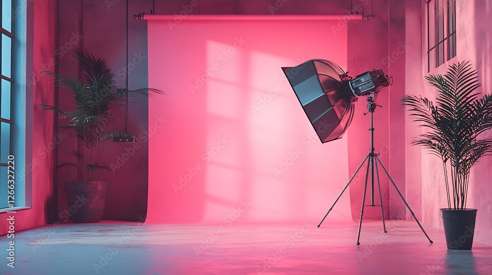 Aufkleber stylish photography studio with soft pink backdrop and large studio light setup for creative shoots 