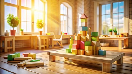 Brightly colored wooden blocks forming a whimsical castle structure in a sunlit playroom