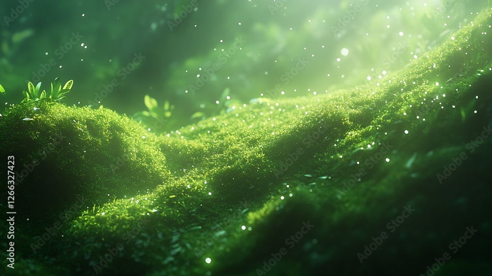 Aufkleber lush green moss landscape sparkling with dew in a dreamy forest illuminated by gentle sun rays : gen