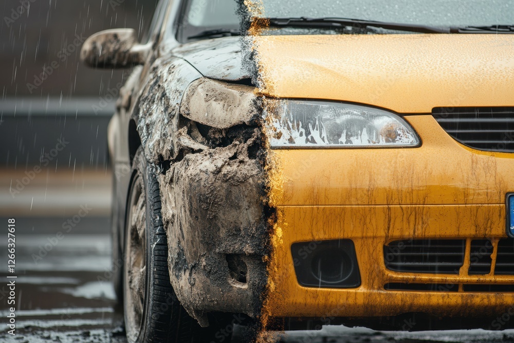 Poster Comparison of a scratched and dirty car next to a shiny polished vehicle showing stark differences. Generative AI