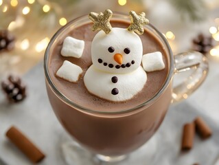 Marshmallow snowman floats in hot chocolate holiday beverage treat