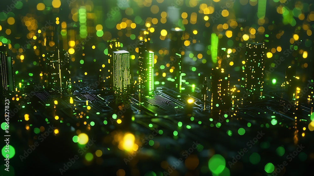 Aufkleber Artistic representation of a futuristic circuit board with bright yellow and green lights : Generative AI