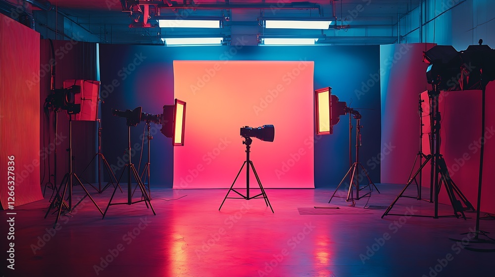 Aufkleber professional photography studio illuminated with vibrant lights and multiple camera equipment set up