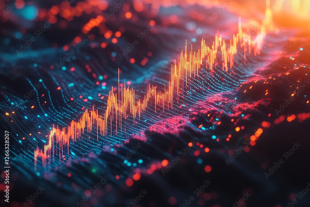 Poster dynamic representation of market fluctuations illustrated by glowing peaks and valleys in vivid colo