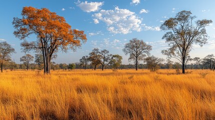 Expansive golden grassland landscape with scattered trees under a blue sky and fluffy clouds