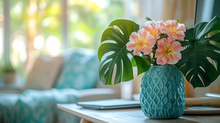 Pink and Teal Flower Arrangement in a Living Room
