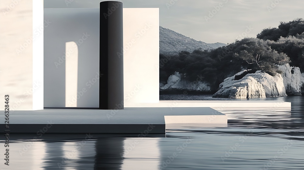 Poster Modern architecture featuring geometric structures contrasting with a serene water landscape : Generative AI