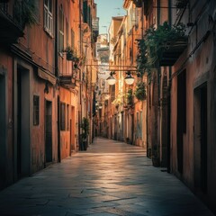 Fototapeta premium Sunlit Italian Alleyway: A Serene Stroll Through History