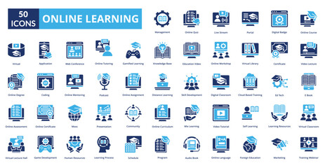Online Learning fill icon collection set. Includes wisdom, illumination, knowledge, instruction, course, information, accomplishment, education